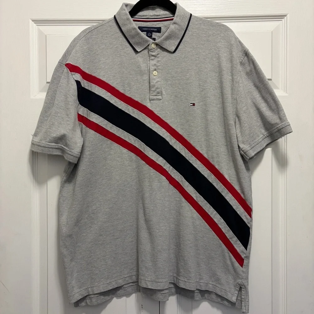 Tommy Hilfiger Gray Polo with Red and Navy Diagonal Stripes